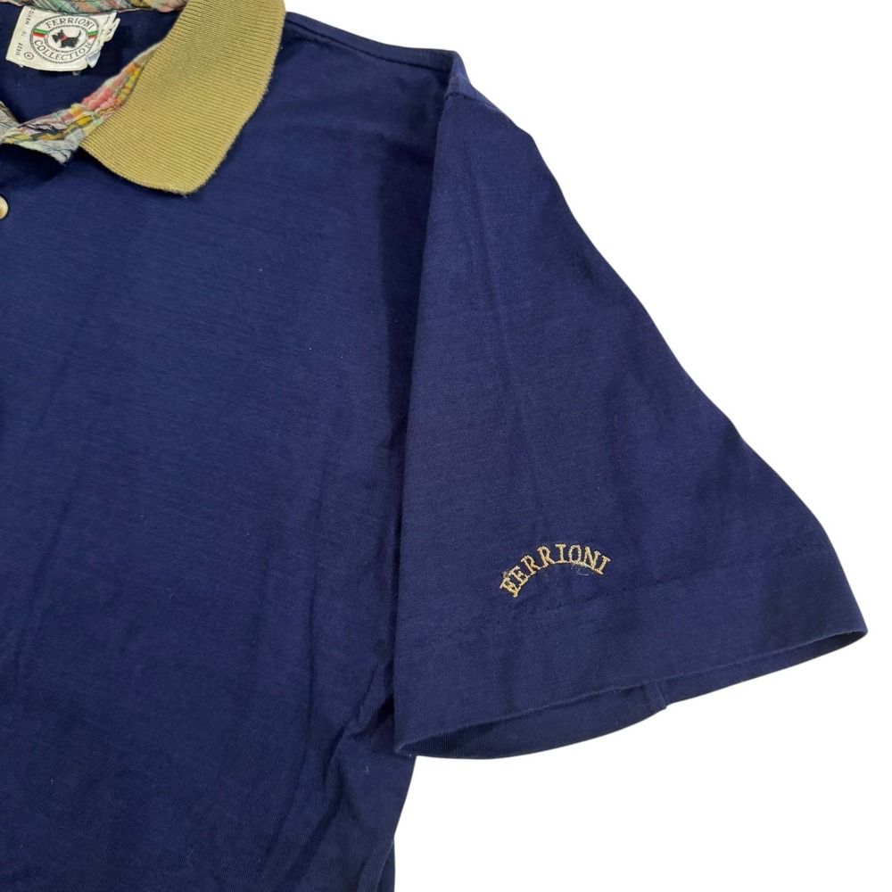 Ferrioni Collection Navy Blue Polo Shirt Mens M Plaid Tan Preppy Golf VTG 90s - Picture 4 of 12